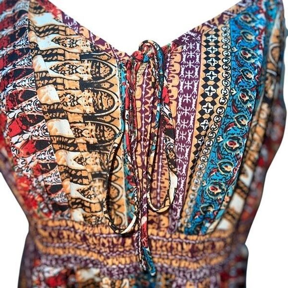 Boho Midi Sundress 1X Tiered Flowy Dress Smocked Adjustable Straps Tribal Print - Picture 8 of 14